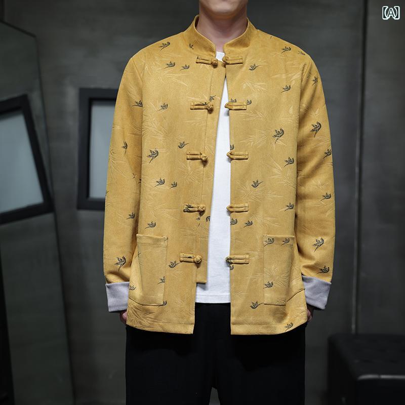アジアンテイスト 衣装 メンズ ファッション 服 用 オシャレ シンプル 大人 かっこいい 大きいサイズ ストリート 紳士服 バック スキン ベルベット ジャケット プリント ボタン スーツ レトロ トップ 漢服
