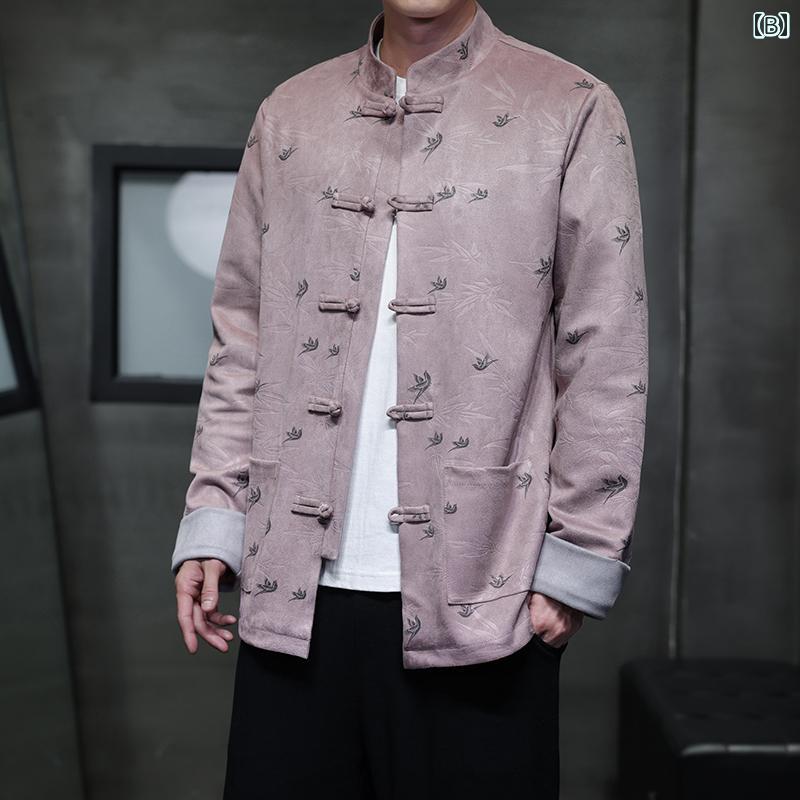アジアンテイスト 衣装 メンズ ファッション 服 用 オシャレ シンプル 大人 かっこいい 大きいサイズ ストリート 紳士服 バック スキン ベルベット ジャケット プリント ボタン スーツ レトロ トップ 漢服