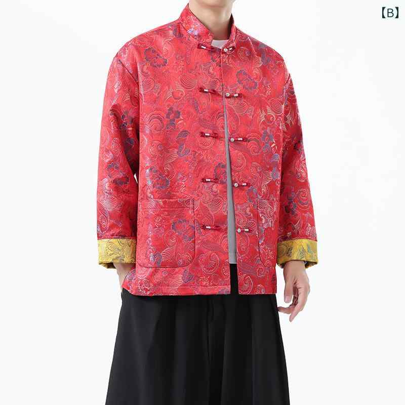 アジアンテイスト 衣装 メンズ ファッション 服 用 オシャレ シンプル 大人 かっこいい 大きいサイズ ストリート 紳士服 牡丹 ジャケット ボタン スタンドカラー スーツ ジャケット