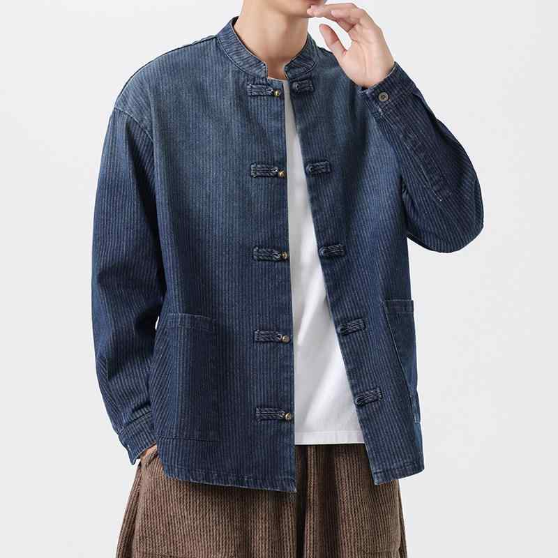 アジアンテイスト 衣装 メンズ ファッション 服 用 オシャレ シンプル 大人 かっこいい 大きいサイズ ストリート 紳士服 レトロ グラデーション スタンドカラー ジャケット ボタン スーツ 大きいサイズ デニム ジャケット