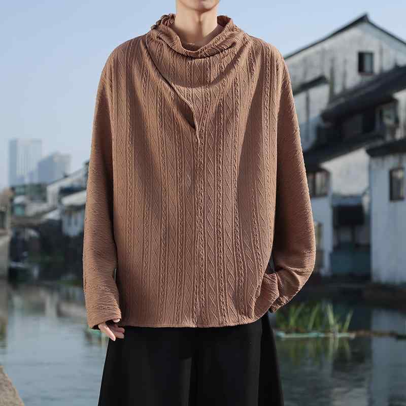 アジアンテイスト 衣装 メンズ ファッション 服 用 オシャレ シンプル 大人 かっこいい 大きいサイズ ストリート 紳士服 ハーフ タートルネック 薄手 セーター パイル カラー トップ 長袖 シャツ T(4)