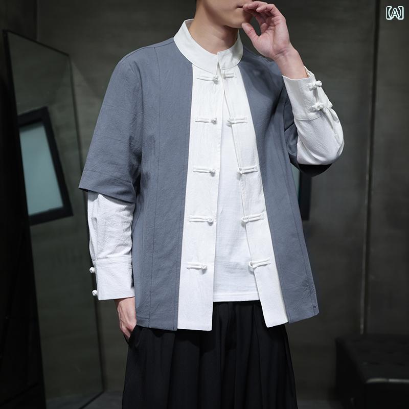 アジアンテイスト衣装 メンズ ファッション 服 用 オシャレ シンプル 大人 かっこいい 大きいサイズ ストリート 紳士服 レトロ 綿 リネン 長袖 シャツ コントラスト フェイク ツーピース プレート ボタン スーツ 漢服