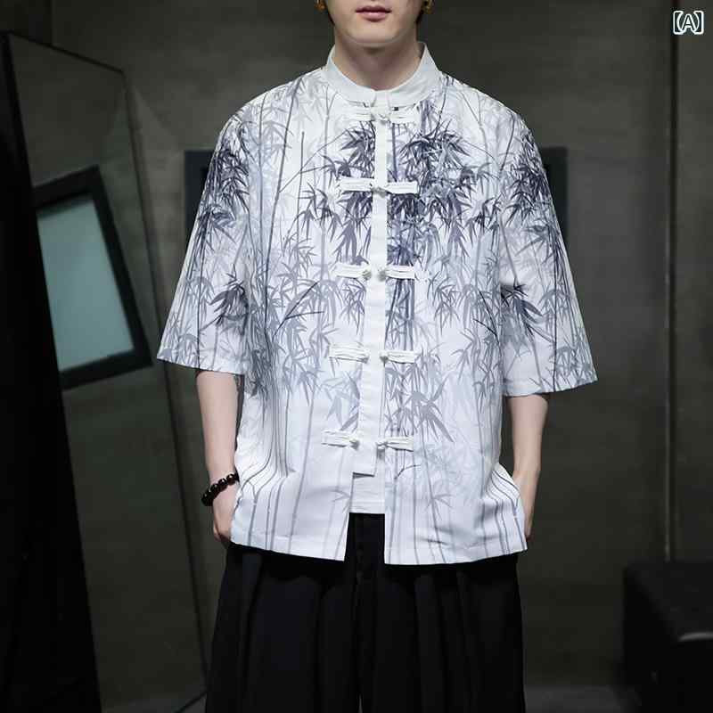 アジアンテイスト衣装 メンズ ファッション 服 用 オシャレ シンプル 大人 かっこいい 大きいサイズ ストリート 紳士服 夏 半袖 シャツ プリント プレート ボタン スーツ 漢服