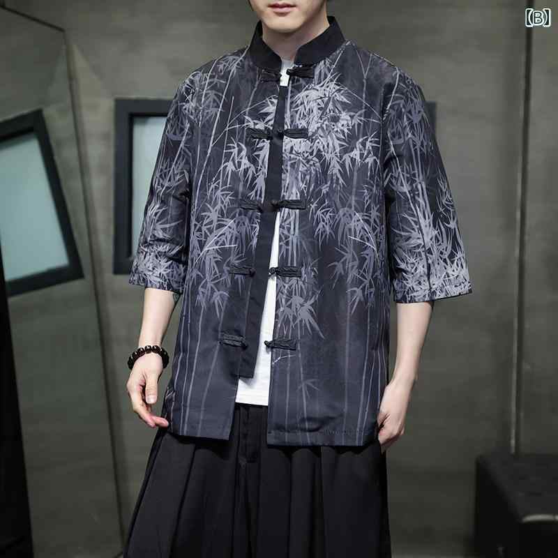 アジアンテイスト衣装 メンズ ファッション 服 用 オシャレ シンプル 大人 かっこいい 大きいサイズ ストリート 紳士服 夏 半袖 シャツ プリント プレート ボタン スーツ 漢服