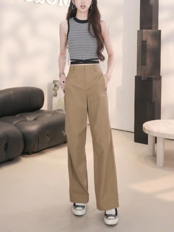 レディース ファッション 服 オシャレ カワイイ シンプル 大人カワイイ 大きいサイズ ダークカーキ ストレート スーツ パンツ 秋 スリム ハイウエスト カジュアル ズボン