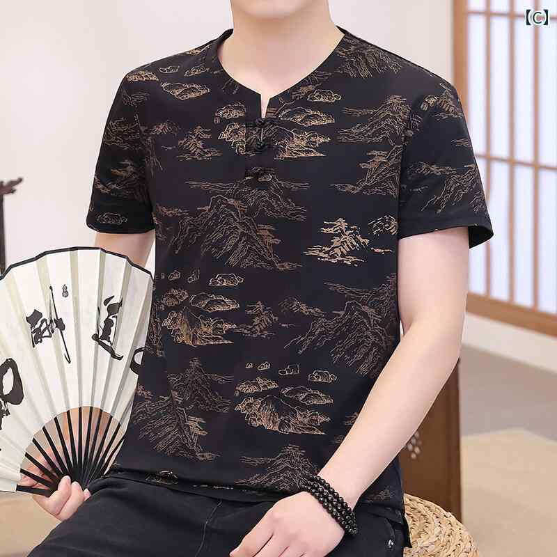 メンズ ファッション 服 男性用 オシャレ シンプル 大人 かっこいい ストリート 綿 エンボス加工 絹 薄手 Tシャツ 夏 アジアンテイスト ボタン付 ショート袖 3