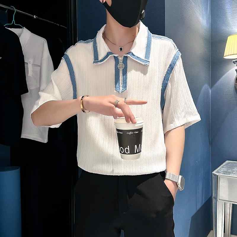 メンズ ファッション 服 男性用 オシャレ シンプル 大人 かっこいい ストリート ポロ シャツ 半袖 ジッパー Tシャツ サマー ハイエンド クール トップス