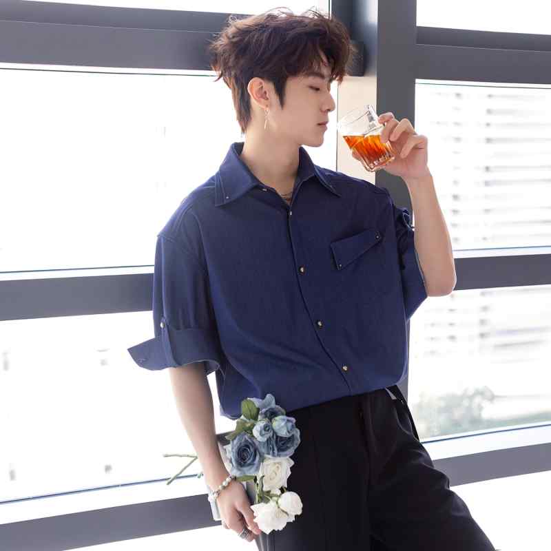 牛仔襯衫 - メンズ ファッション 服 男性用 オシャレ シンプル 大人 かっこいい ストリート 夏 ハイエンド 冷感 デニム シャツ 半袖 カジュアル シャツ