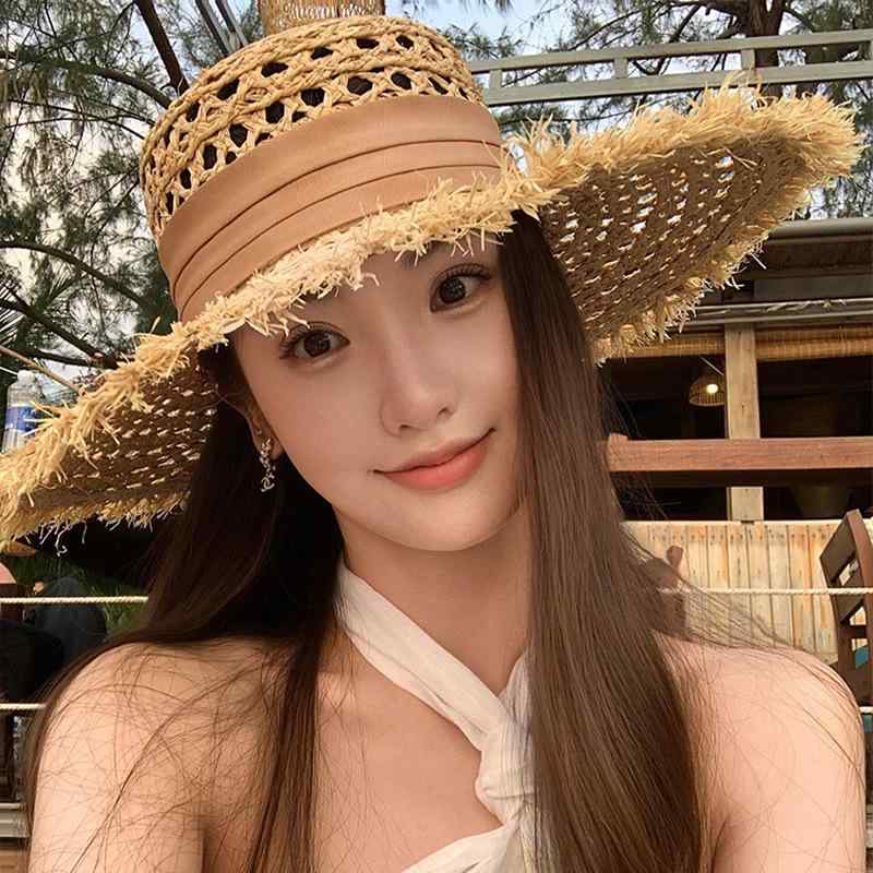 For Women - レディース 女性用 麦わら帽子 ビーチ 日よけ ラフィグラス ハット 軽量 通気性 リゾート カジュアル ファッション 帽子類似 つば広