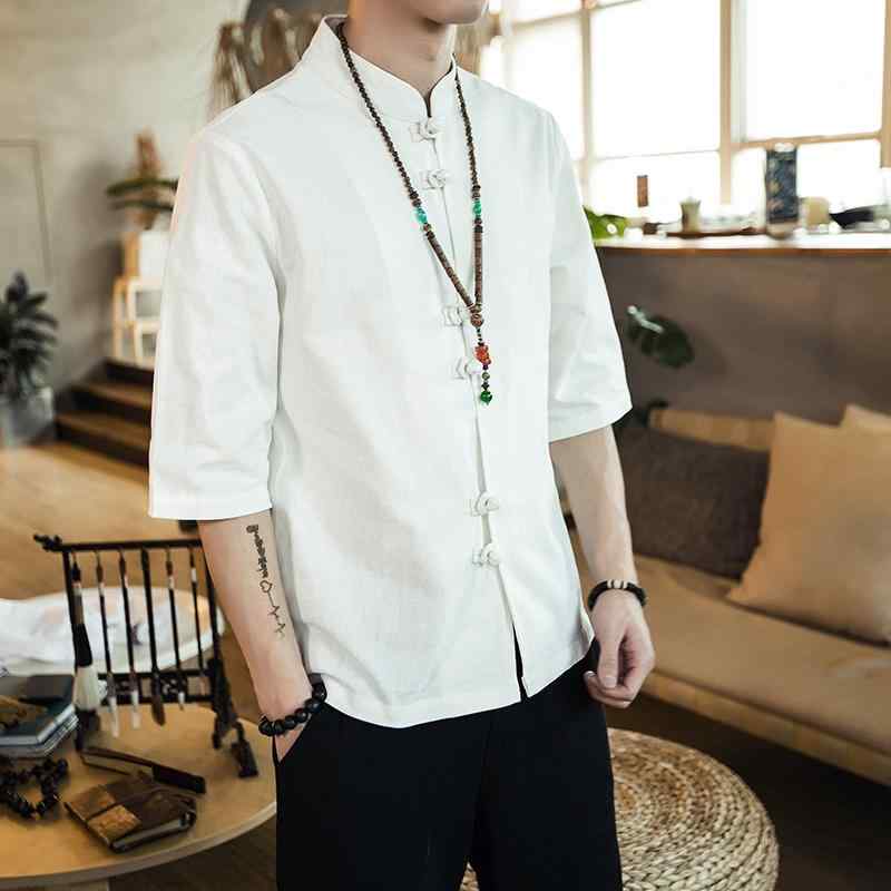 Rakuten - メンズ ファッション 服 男性用 オシャレ シンプル 大人 かっこいい ストリート 夏 薄手 コットンリネン 五分袖 唐装 ボタン付き 漢服 スタンドカラーリネン シャツ スーツ