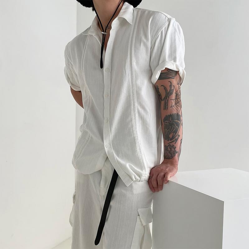 メンズ ファッション 服 男性用 オシャレ シンプル 大人 かっこいい ストリート ホワイト 半袖 シャツ 夏 裾 ドローストリング ライト カジュアル パンツ ハイエンド ワークウェア スーツ