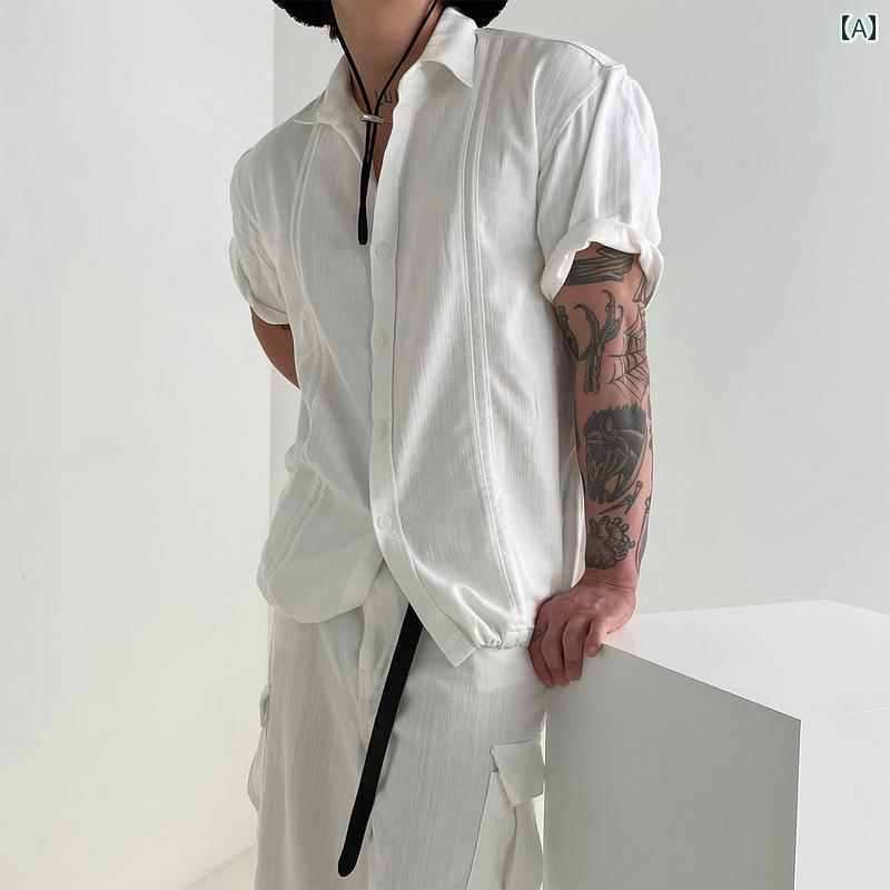 メンズ ファッション 服 男性用 オシャレ シンプル 大人 かっこいい ストリート ホワイト 半袖 シャツ 夏 裾 ドローストリング ライト カジュアル パンツ ハイエンド ワークウェア スーツ