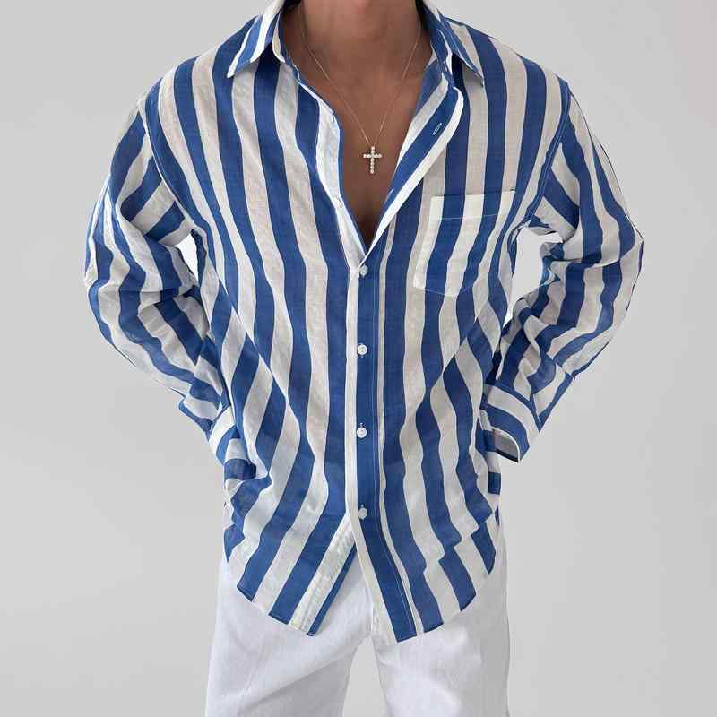 Other - メンズ ファッション 服 男性用 オシャレ シンプル 大人 かっこいい ストリート ブルーストライプ 長袖 シャツ 夏 アメリカン 薄手 快適 カジュアル トップス