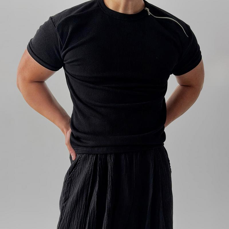 メンズ ファッション 服 男性用 オシャレ シンプル 大人 かっこいい ストリート ブラック 半袖 ニット Tシャツ 夏 アメリカン スリム ラウンドネック ハーフ ジッパー カジュアル トップ
