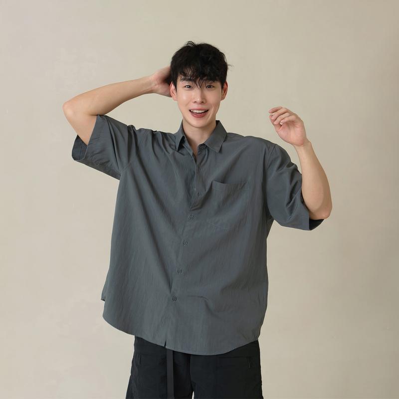 メンズ ファッション 服 男性用 オシャレ シンプル 大人 かっこいい ストリート 夏 グレー 半袖 シャツ ゆったり カジュアル ハイエンド スタイル トップ ジャケット