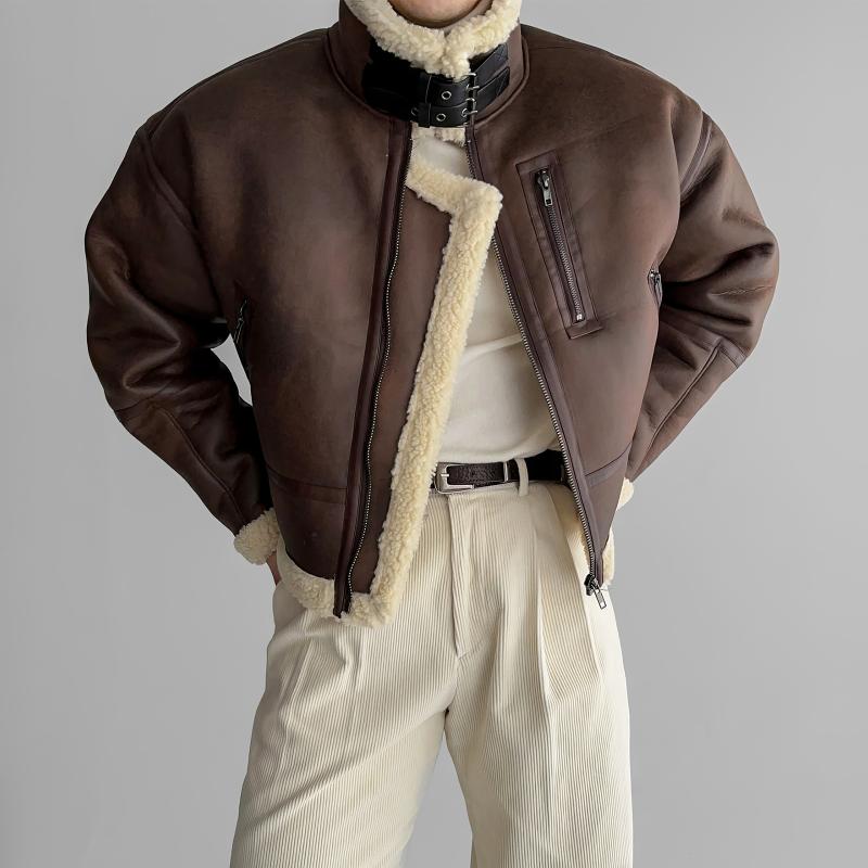 メンズ ファッション 服 男性用 オシャレ シンプル 大人 かっこいい ストリート ブラウン スタンドカラー ファージャケット コート バイク ラム ファーコート レトロ レザージャケット