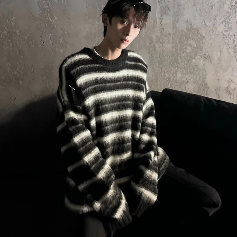 メンズ ファッション 服 男性用 オシャレ シンプル 大人 かっこいい ストリート 大きいサイズ アメリカン レトロ ヒップ ホップ ストライプ ラウンドネック セーター ニット