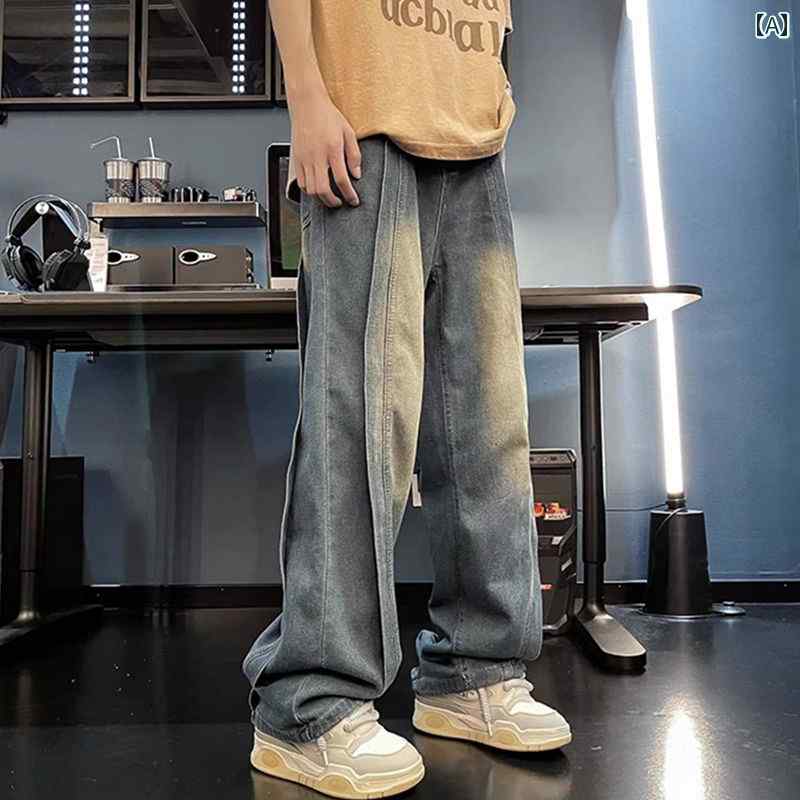 メンズ ファッション 服 男性用 オシャレ シンプル 大人 かっこいい ストリート 大きいサイズ ストリート フェイク ツーピース ジーンズ ワイド レッグ ストレート パンツ