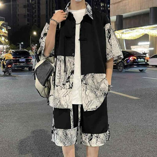 メンズ ファッション 服 男性用 オシャレ シンプル 大人 かっこいい ストリート 水墨画 半袖 スーツ 夏 シャツ パンツ ツーピース メンズ ファッション 服 男性用 オシャレ シンプル 大人 かっこいい ストリート 水墨画 半袖 スーツ 夏 シャツ パンツ ツーピース