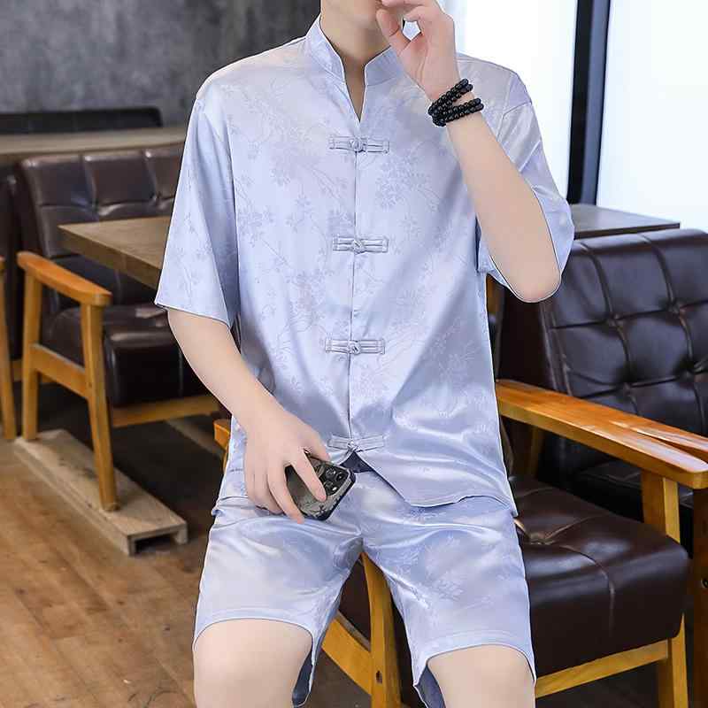メンズ ファッション 服 男性用 オシャレ シンプル 大人 かっこいい ストリート 半袖 シャツ スーツ 夏 冷感 ジャカード スタンドカラー ボタン付き パンツ スーツ