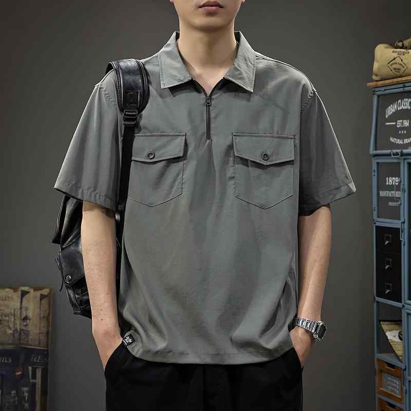 Rakuten - メンズ ファッション 服 男性用 オシャレ シンプル 大人 かっこいい ストリート 夏 薄手 ゆったり ワークウェア ハーフ ジッパー 半袖 シャツ マルチ