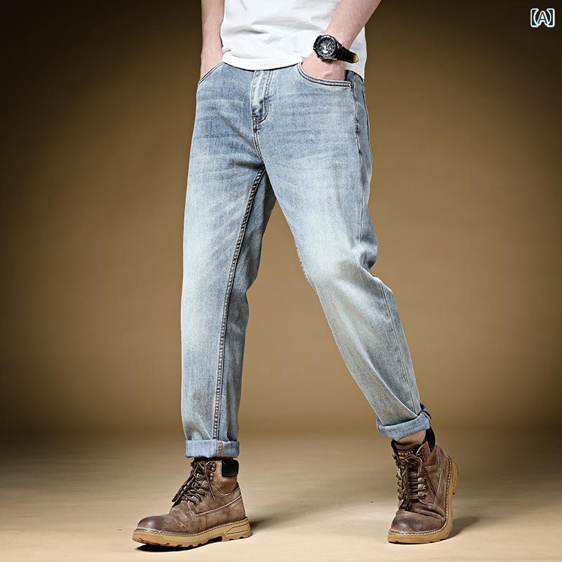 メンズ ファッション 服 男性用 オシャレ シンプル 大人 かっこいい ストリート 夏 薄手 柔らかい デニム パンツ ズボン 履物 いブルー ゆったり フィット ストレッチ