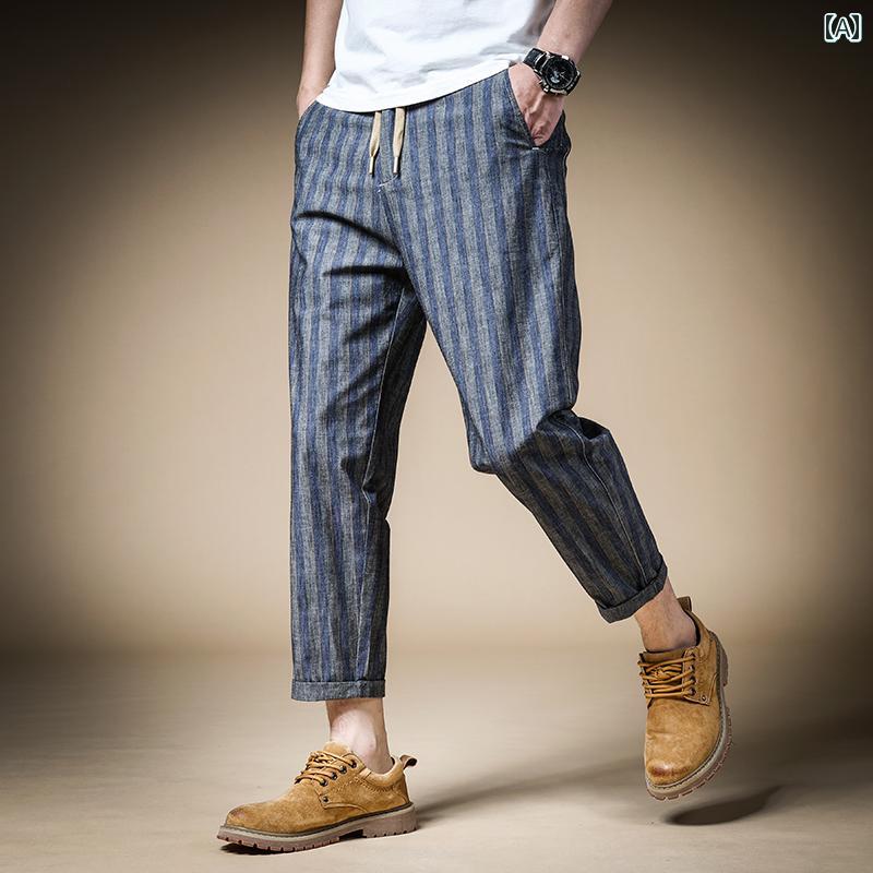 乐天商城 - メンズ ファッション 服 男性用 オシャレ シンプル 大人 かっこいい ストリート 夏 薄手 ストライプ パンツ ズボン 履物 ゆったり ハイエンド
