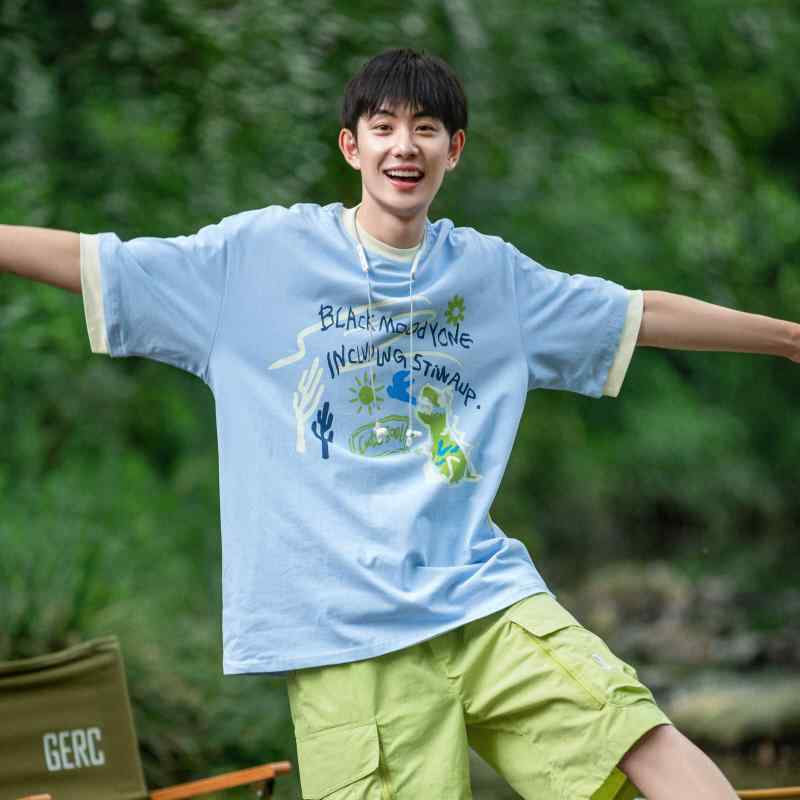 メンズ ファッション 服 男性用 オシャレ シンプル 大人 かっこいい ストリート ミルク ブルー フェイク ツーピース 半袖 Tシャツ 夏 綿 トップス