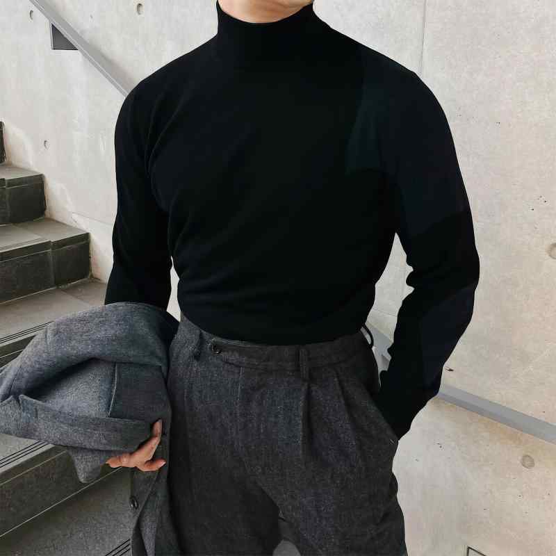 メンズ ファッション 服 用 オシャレ シンプル 大人 かっこいい ストリート 夏コーデ 黒 長袖 ハーフハイネック セーター カジュアル アメリカン(4)