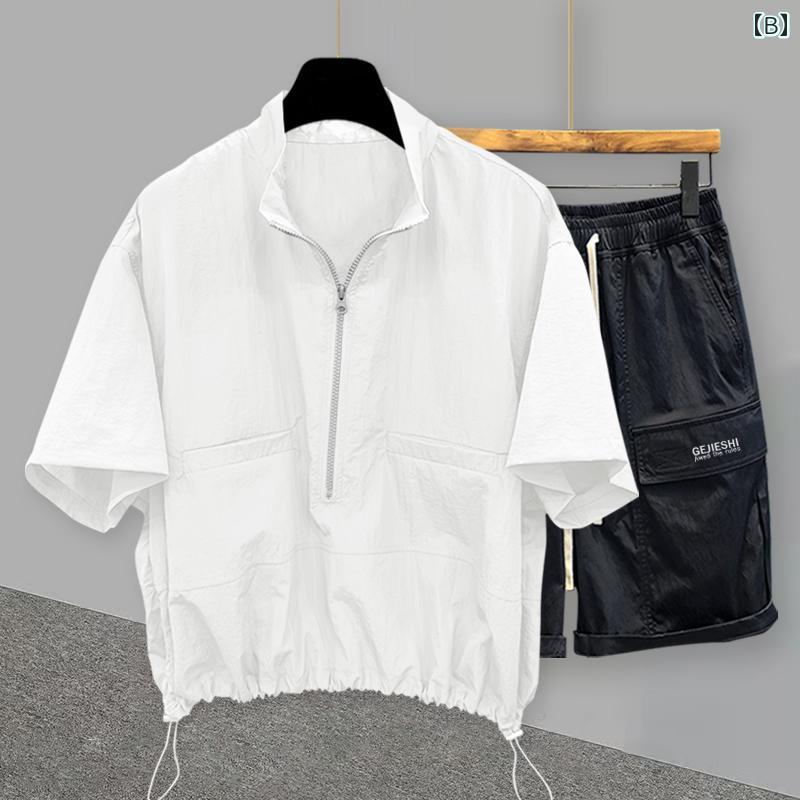 [BROKIG]ジップジョガーパンツメンズトレーニングウェアダブルポケット付き筋トレパンツジムウェアスリム通気性ストレッチ(Sネイビー)