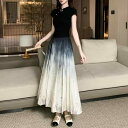 夏コーデ レディース ファッション 服 オシャレ カワイイ 女性用 シンプル 大人カワイイ 大きいサイズ 婦人服 レトロ 蝶 ボタン 半袖 水墨画 プリーツ ドレス スーツ