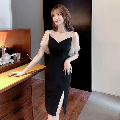 夏コーデ レディース ファッション 服 オシャレ カワイイ 女性用 シンプル 大人カワイイ 大きいサイズ 婦人服 Vネック ビーズ ブラック スリット 半袖 ドレス イブニングドレス 夏コーデ レディース ファッション 服 オシャレ カワイイ 女性用 シンプル 大人カワイイ 大きいサイズ 婦人服 Vネック ビーズ ブラック スリット 半袖 ドレス イブニングドレス