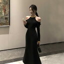 夏コーデ レディース ファッション 服 オシャレ カワイイ 女性用 シンプル 大人カワイイ 大きいサイズ 婦人服 フレンチ ライト ハイエンド レトロ 長袖 オフショルダー ホルターネック ドレス ブラック イブニングドレス