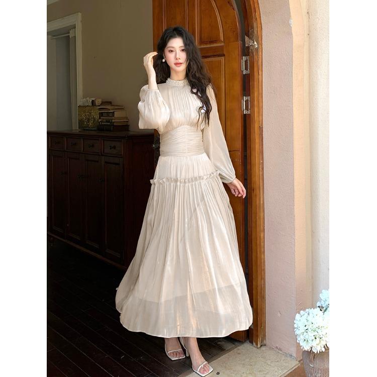 夏コーデ レディース ファッション 服 オシャレ カワイイ 女性用 シンプル 大人カワイイ 大きいサイズ 婦人服 ロイヤル ハイエンド ストリート ブラスト スタンドカラー ビーズ プリーツ ウエスト パフスリーブ ドレス ホリデー ロング スカート