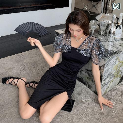 夏コーデ レディース ファッション 服 オシャレ カワイイ 女性用 シンプル 大人カワイイ 大きいサイズ 婦人服 フレンチ ハイエンド 黒 イブニング ドレス ライト スパンコール ワンピース チャイナ セット