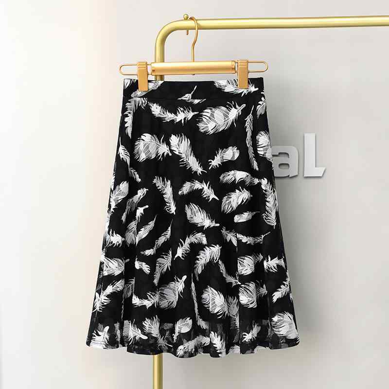 夏コーデ レディース ファッション 服 オシャレ カワイイ 女性用 シンプル 大人カワイイ 大きいサイズ 婦人服 夏 ハイエンド フェザー プリント スカート アンブレラ スイング 薄手 メッシュ