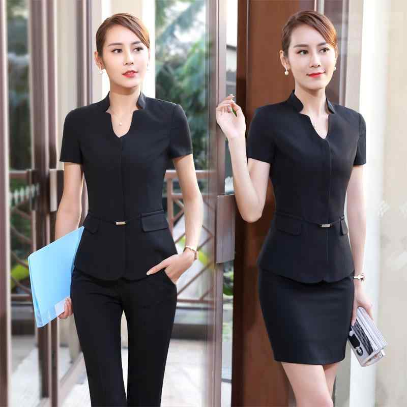 レディース ファッション 業務 ユニフォーム 制服 コスプレ衣装 プロ 半袖 Vネック スーツ ホテル フロント ケータリング 大臣 受付 金 宝石 店 女性(4)