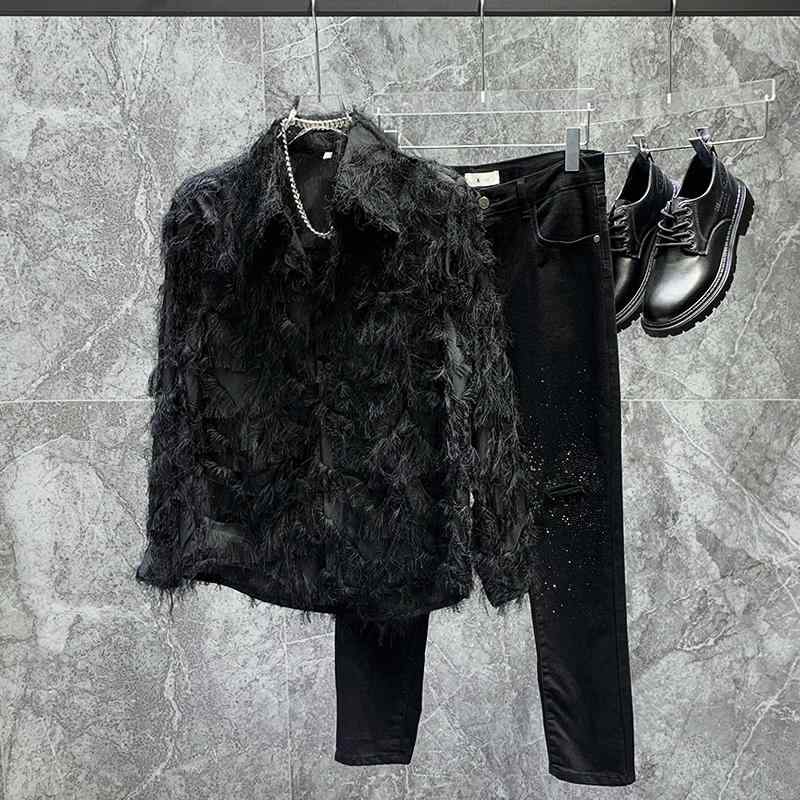 メンズ ファッション 服 男性用 オシャレ シンプル 大人 かっこいい ストリート ハイエンド 羽根 飾り シャツ 長袖 ゆったり ネット