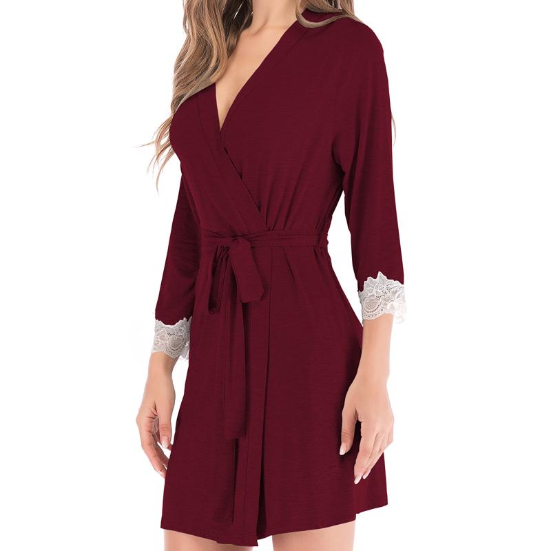 レディース ファッション 服 オシャレ カワイイ 女性用 シンプル ガウン 薄手 ブラック パジャマ レース 七分袖 ベルト