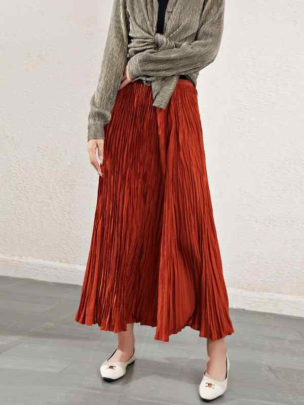 レディース ファッション 服 オシャレ カワイイ 女性用 シンプル ハイウエスト 快適 スリミング スムース スカート アセテート サテン プリーツ