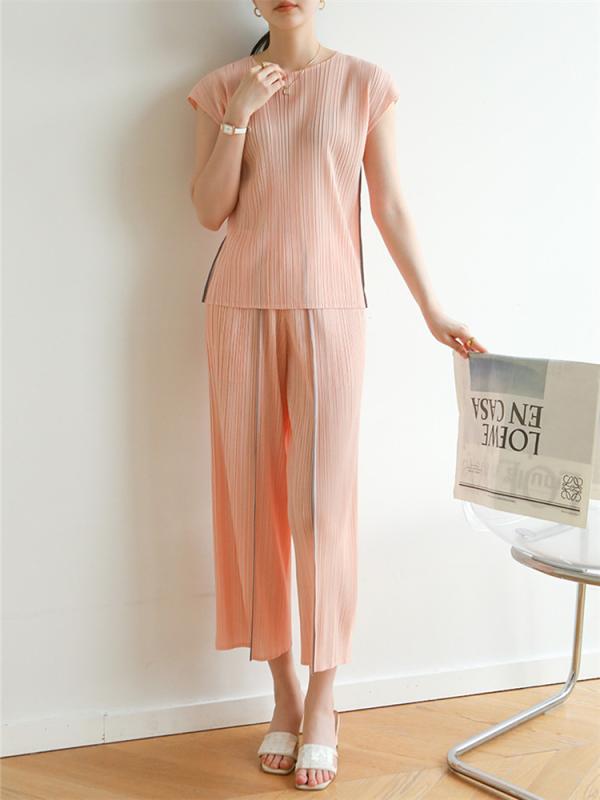 レディース ファッション 服 オシャレ カワイイ 女性用 シンプル プリーツ 快適 カジュアル Tシャツ 九分丈 パンツ スーツ