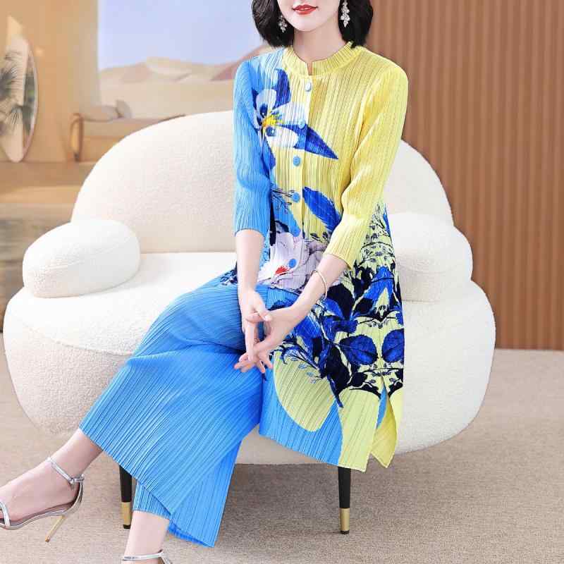 レディース ファッション 服 オシャレ カワイイ 女性用 シンプル プリーツ プリント スーツ スタンドカラー 丈七分袖 トップス ストレ..