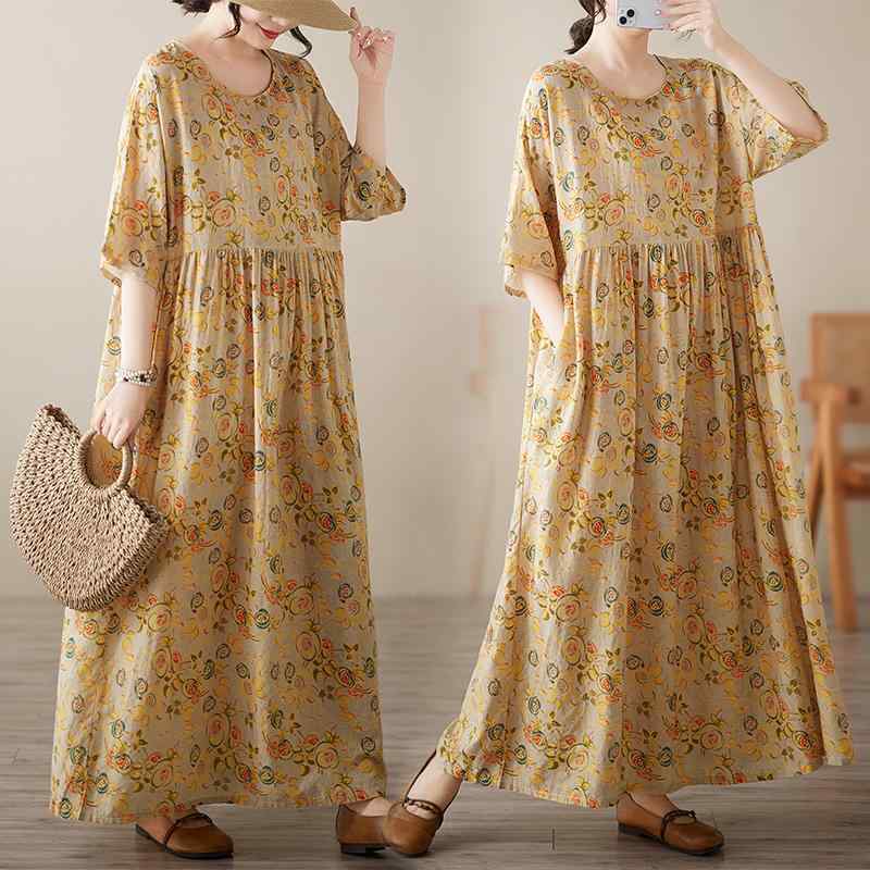 レディース ファッション 服 オシャレ カワイイ 女性用 シンプル コットン リネン 花柄 半袖 ワンピー..