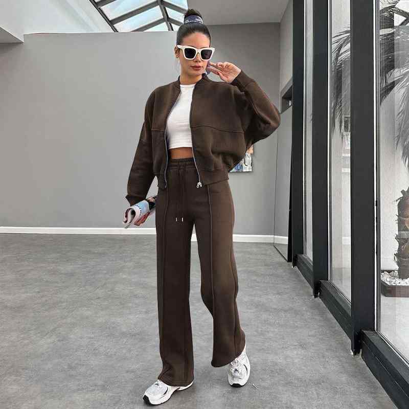 レディース ファッション 服 オシャレ カワイイ 女性用 シンプル 秋 ジッパー ジャケット ストレート レッグ パンツ ベルベット スーツ