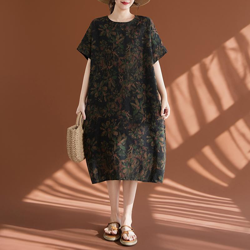 Short Sleeves - レディース ファッション 服 オシャレ カワイイ 女性用 シンプル 大きめサイズ 綿麻 レトロ 服 半袖 ワンピース