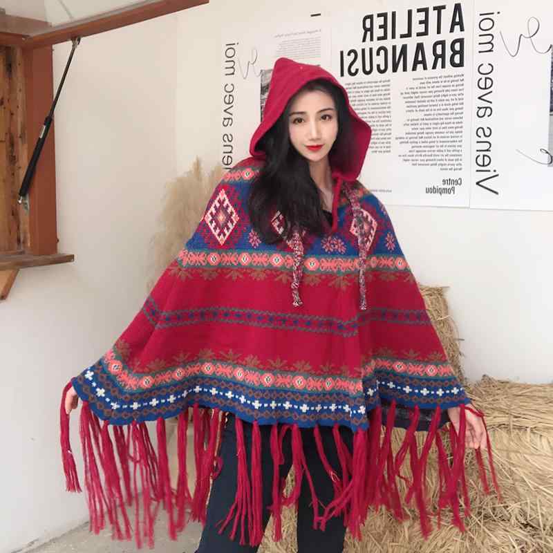 レディース ファッション 服 オシャレ カワイイ 女性用 シンプル 赤 マント 旅行コーデ レトロ タッセル スカーフ ショール プルオーバー セーター ニット