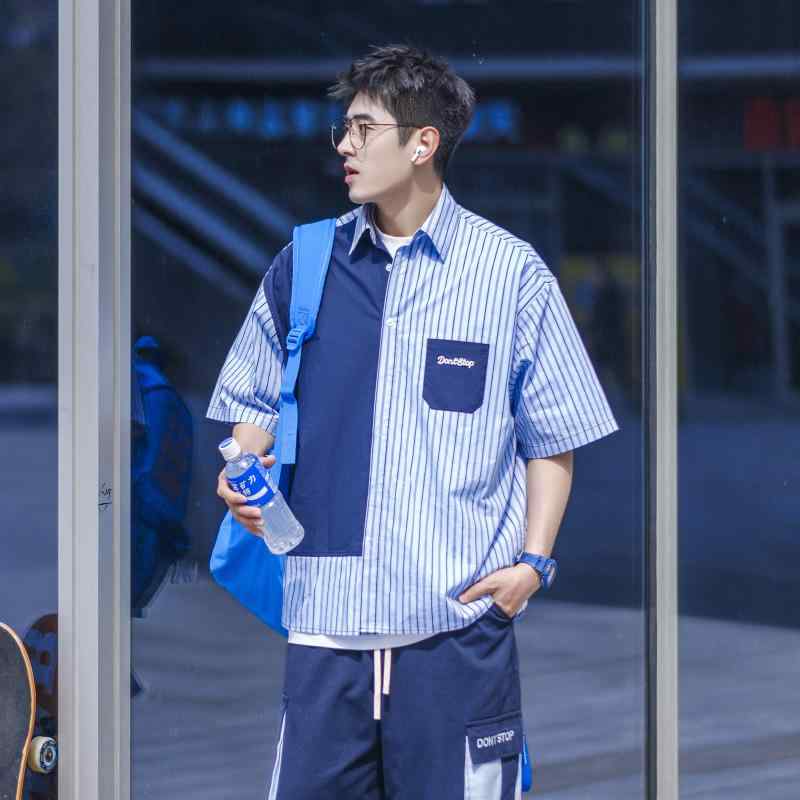 メンズ ファッション 服 男性用 オシャレ シンプル 大人 かっこいい ストリート 非対称 カラーマッチング 半袖 シャツ 夏 スタイル ゆ..