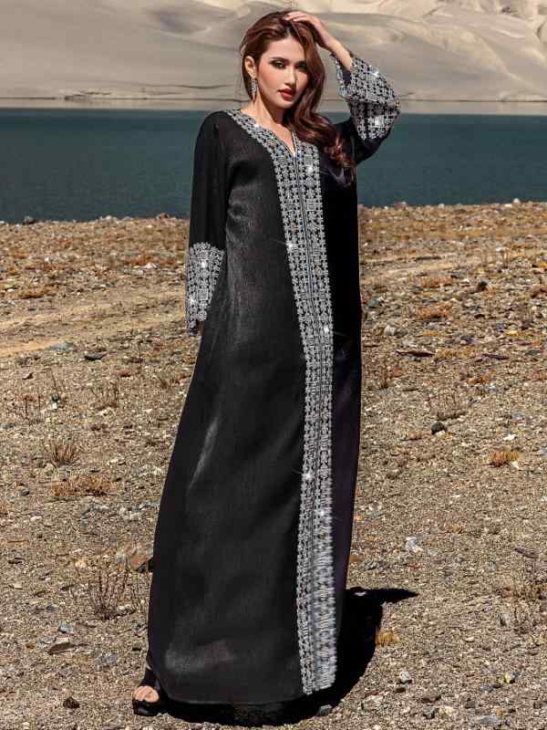 レディース ファッション 服 オシャレ カワイイ 女性用 シンプル アラビアン 衣料品 黒 シルケット Vネ..