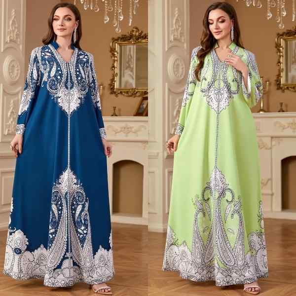 レディース ファッション 服 オシャレ カワイイ 女性用 シンプル アラビアン ロング スカート ローブ ビーズ ゆったり プリント ドレス