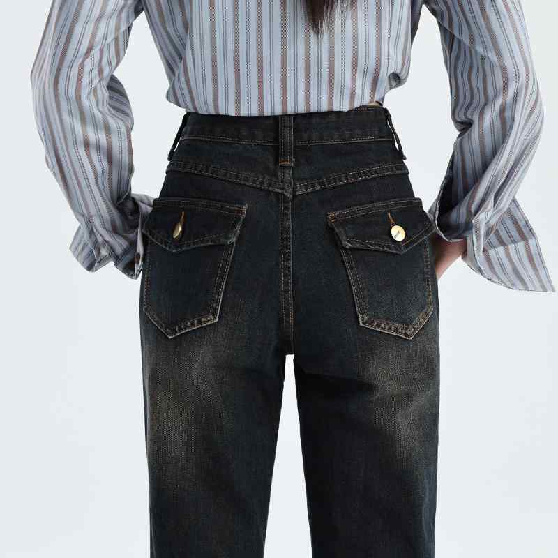 レディース ファッション オシャレ 服 女性用 シンプル 大人カワイイ 婦人服 秋 アメリカン レトロ スリム フィット フレア ジーンズ ストリート ダーク ハイウエスト スリム フレア パンツ(4)